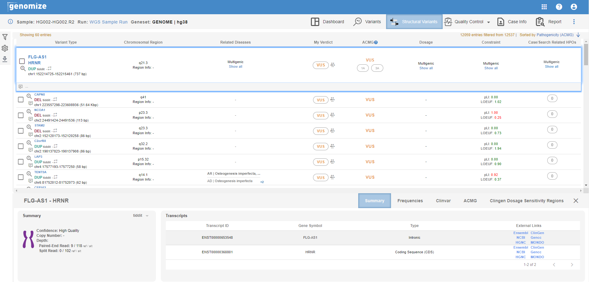 Structural Variants Tab