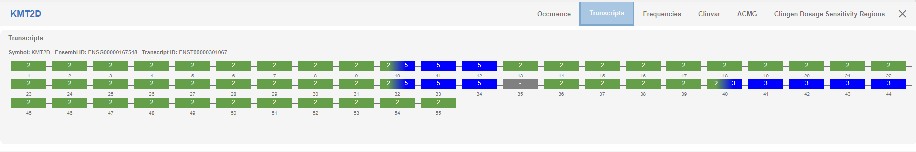 Copy numbers detected in the gene(s)'s transcript